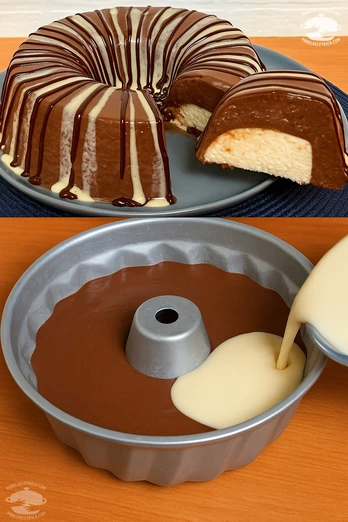 Flan gelatinado bicolor de chocolate y vainilla con goteo de salsas