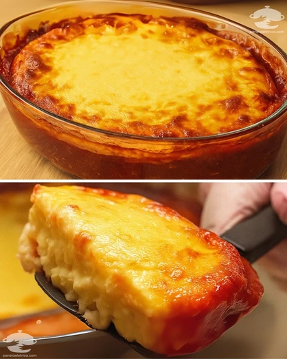 Pastel cremoso de arroz con salsa de tomate y costra dorada