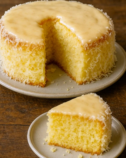 Pastel esponjoso de coco con baño de leche condensada