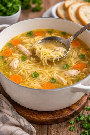 Caldo de Pollo con Fideo y Verduras