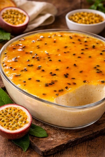 Mousse de maracuyá cremosa con cobertura natural de pulpa