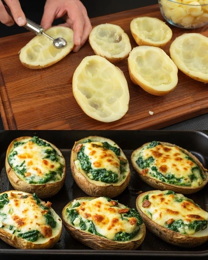 Papas rellenas de espinacas a la crema gratinadas