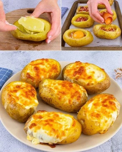 Papas rellenas de huevo y tocino gratinadas