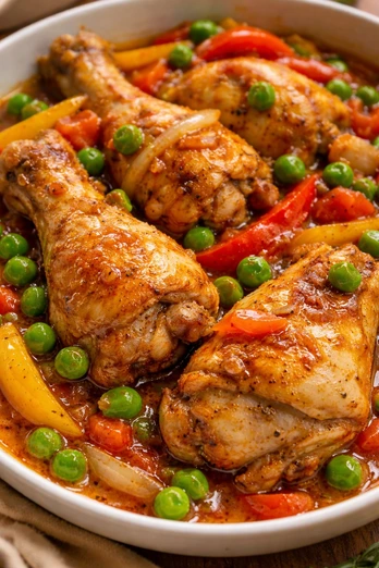 Pollo a la jardinera con chícharos y pimientos