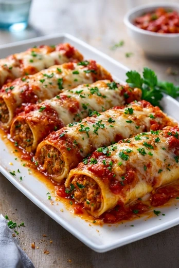 Canelones de Carne con Salsa Roja y Queso Gratinado