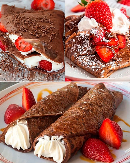 Crepas de Chocolate Rellenas de Crema y Fresas