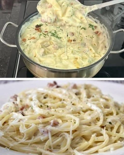 Espagueti a la Crema con Tocino y Queso