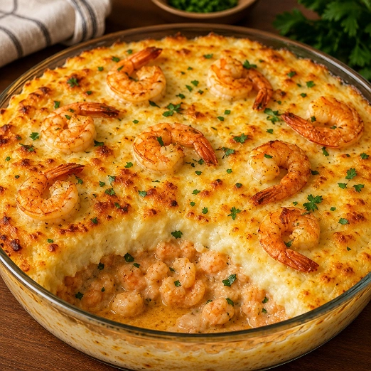 Pastel de Papa con Camarones al Gratín
