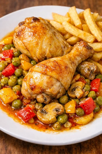 Pollo a la Jardinera con Champiñones y Papas Fritas