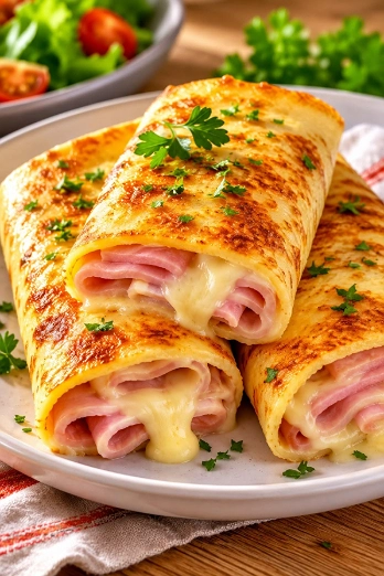 Crepas Enrolladas de Jamón y Queso Gratinadas