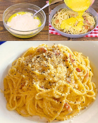 Espagueti a la Carbonara con Tocino y Queso Parmesano