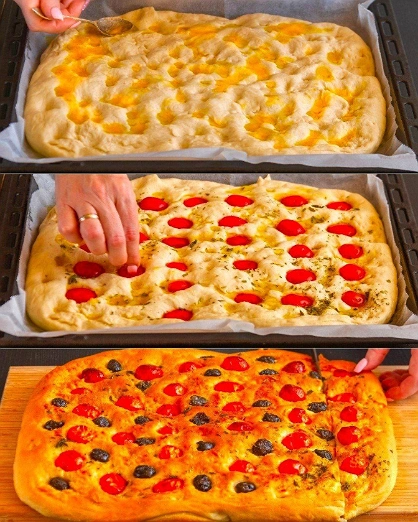 Focaccia con Jitomate Cherry y Aceitunas Negras