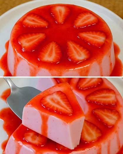 Gelatina de Fresa con Leche y Rodajas de Fresa