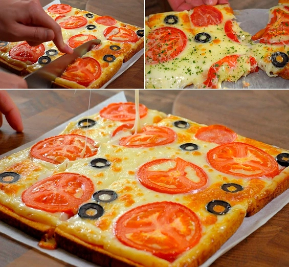 Pizza Casera Rectangular con Jitomate, Queso Mozzarella y Aceitunas Negras