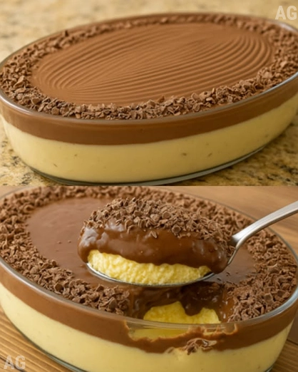 Postre de Dos Capas de Crema de Vainilla y Cobertura de Chocolate