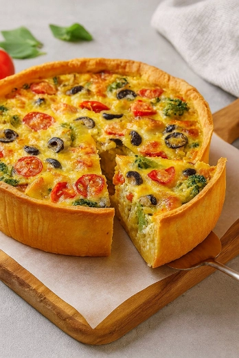 Quiche de Verduras con Brócoli, Jitomate Cherry y Aceitunas