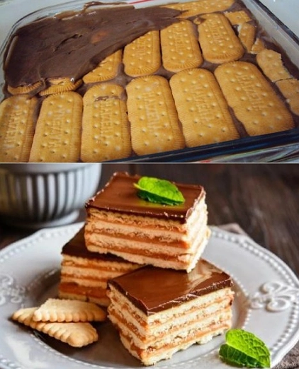 Tarta Fría de Galleta María con Dulce de Leche y Cobertura de Chocolate