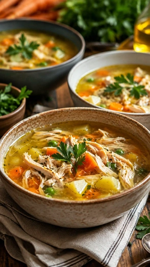 Caldo de Pollo con Verduras y Pollo Deshebrado