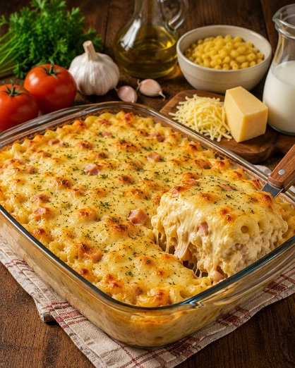 Coditos Horneados con Crema, Jamón y Queso Gratinado