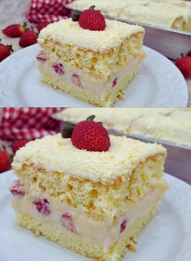 Pastel de Tres Leches Relleno de Crema y Fresas